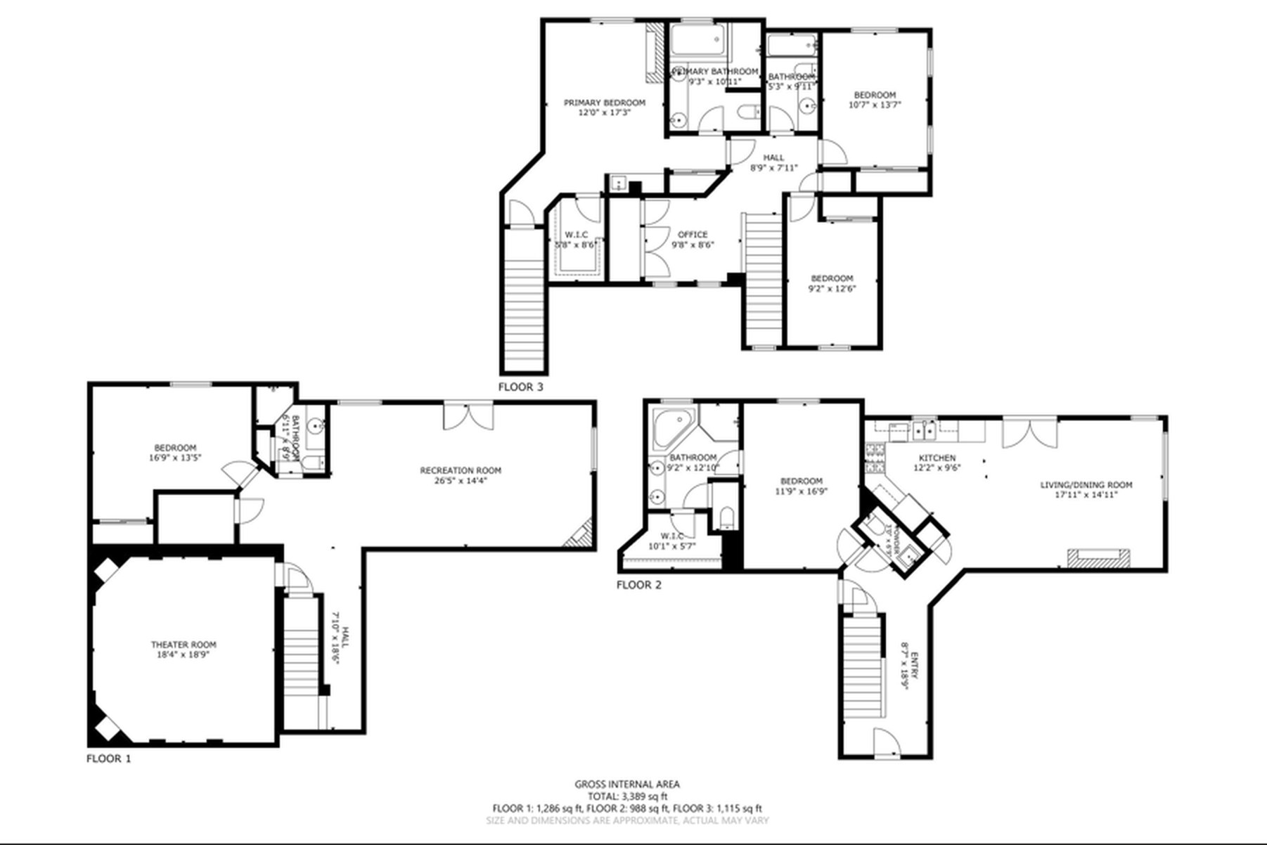 Floor plan of Cascades 102 across all three levels with room dimensions
