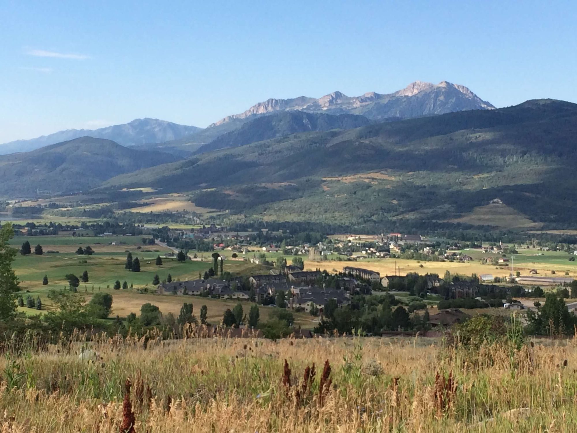The Moose Hollow community in summer with the peaks above Snowbasin behind