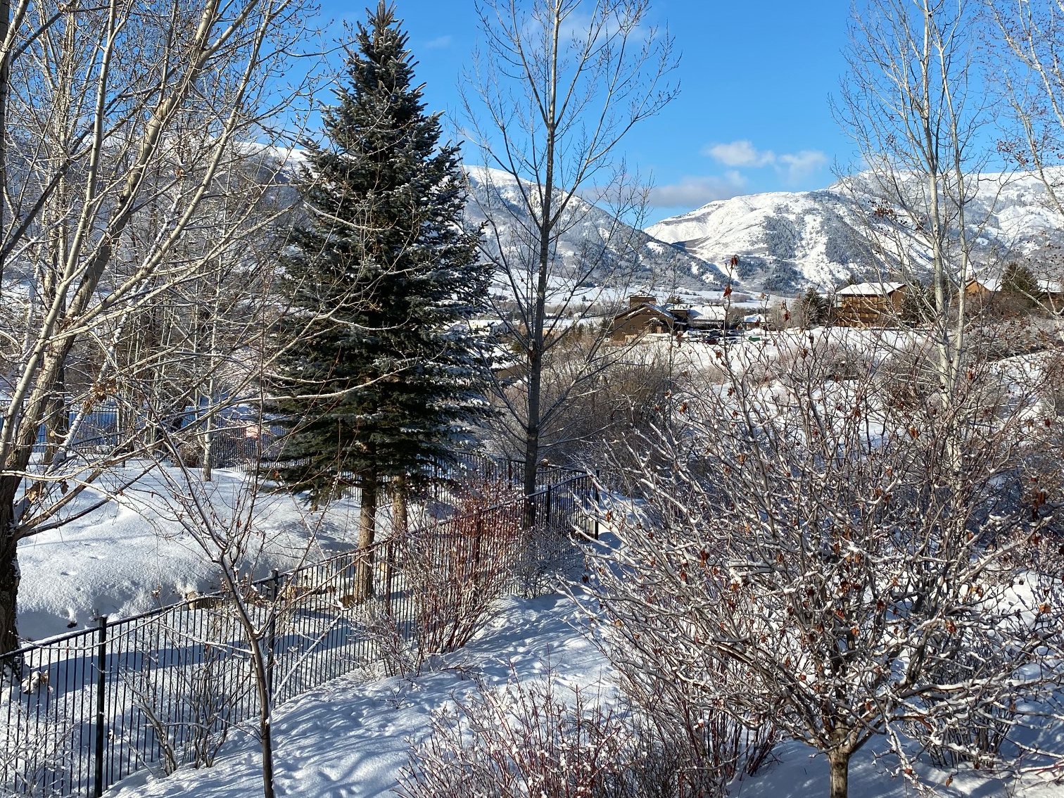 A clear blue winter day behind the townhome, deep snow on the ground and fresh snow on the peaks